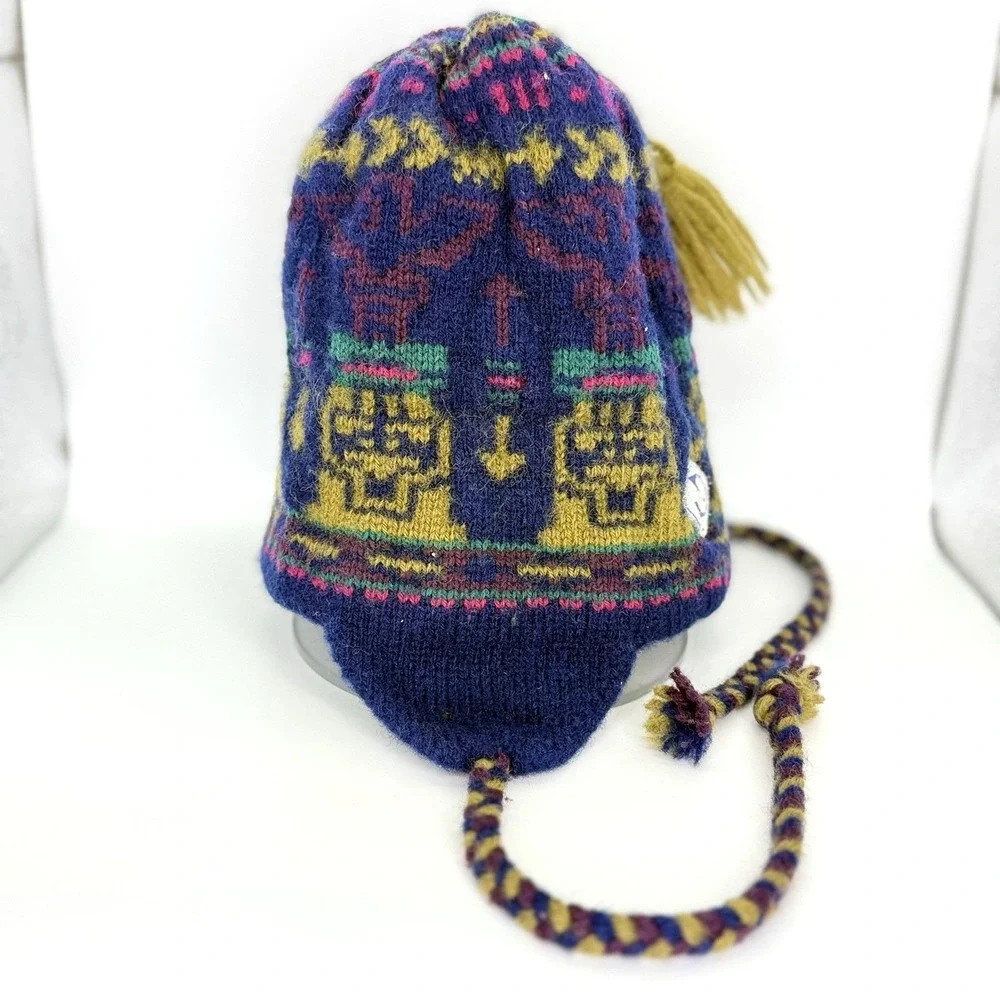 VTG Andean Wool Earflap Tassel Beanie Fleece Lined Alpaca Style Knit Hat Multico